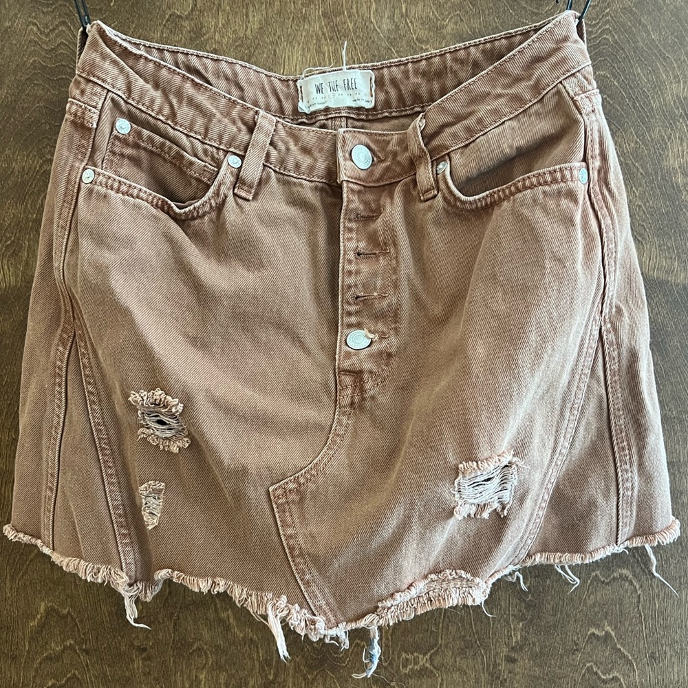 Free People Womens Denim Mini Jean Skirt Brown Distressed Frayed Buttons